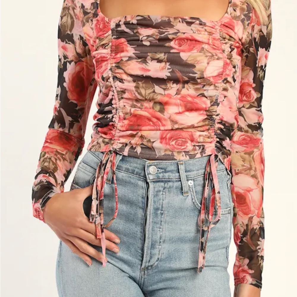 NWT Lulus Blossoming Floral Long Sleeve Ruched Top - XL